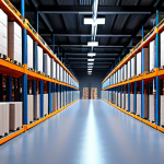 **Optimized Warehouse:** "Modern warehouse interior, AI-powered robots organizing goods, efficient shelving systems, bright lighting, conveying speed and precision."