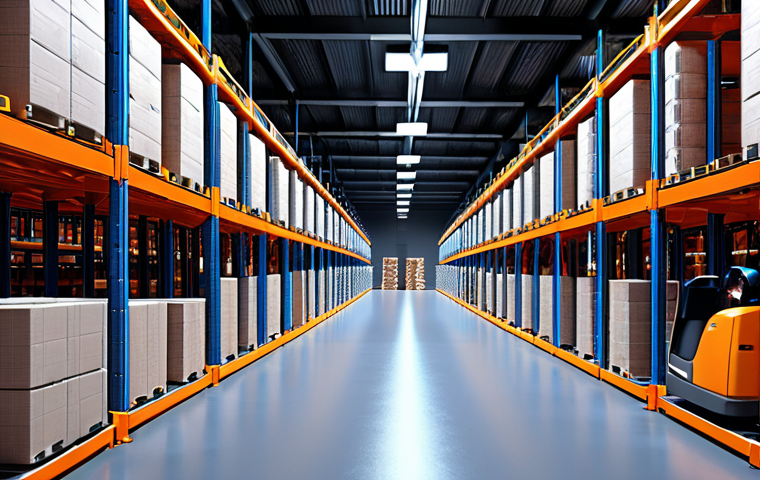**Optimized Warehouse:** "Modern warehouse interior, AI-powered robots organizing goods, efficient shelving systems, bright lighting, conveying speed and precision."